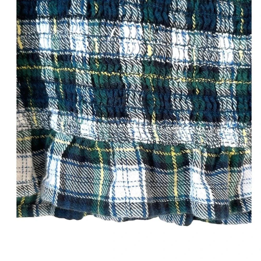 American Eagle Women Green Plaid Smocked Puff Sleeve Medium Crop Square Neck Top